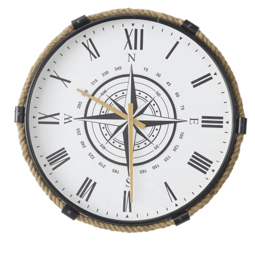 DecMode Stainless Steel Nautical with Printed Compass Design Arabic Numbered Wall Clock 20"W x 19"H, with Brown, Black, White and Gold Finishes DecMode Stainless Steel Nautical with Printed Compass Design Arabic Numbered Wall Clock 20"W x 19"H, with Brown, Black, White and Gold Finishes