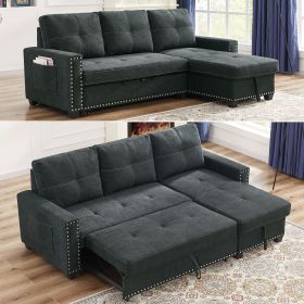 [Video] MH 82" Sleeper Sofa Bed Reversible Sectional Couch with Storage Chaise and Side storage bag for Living Room Furniture Set, silver rivets on bo