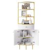 74.8" Tall Modern Corner Bookshelf,Fan-Shaped bookcase with 1 Drawer and 2 Doors ,Wooden Standing Corner Shelf with Gold Metal Frame for Living Room,H