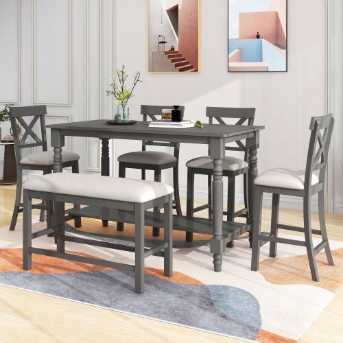 6-Piece Counter Height Dining Table Set Table with Shelf 4 Chairs and Bench for Dining Room 6-Piece Counter Height Dining Table Set Table with Shelf 4 Chairs and Bench for Dining Room